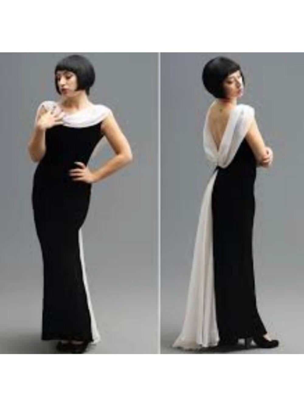 Nightway Black Formal Stretch Velvet Dress White Chiffon Collar and Train Size L